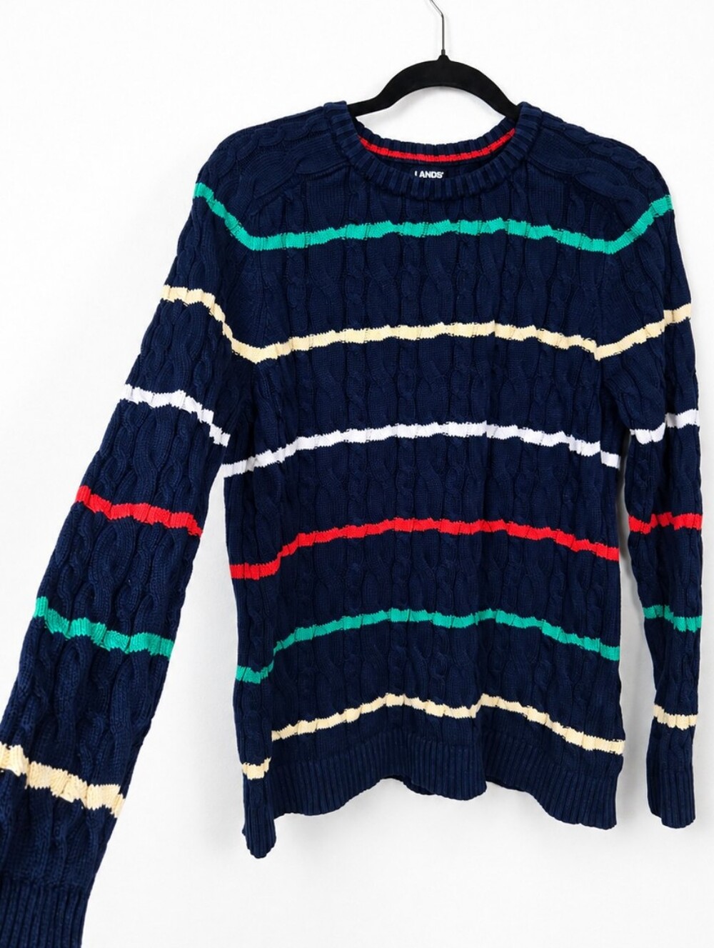 Lands' End Drifter Cable Knit Striped Cotton Sweater Preppy Nautical Coastal M